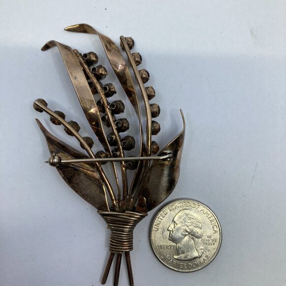Vtg 1940 CORO ? copper tone flowers spray purple rhinestone lily of the valley - Picture 2 of 2